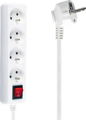 Obrázek produktu pro Prodlužovací kabel s uzemněním a vypínačem 1,5m 3x1mm 4 zásuvky 10A Bílý
