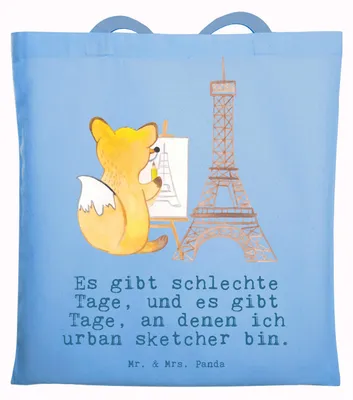 Produktbild von Mr. & Mrs. Panda Schultasche Fuchs Urban sketching - Sky Blue - Geschenk, einkaufstasche baumwolle, Shopping Tasche, Malen, Laptoptasche, Künstler, Zeichnen, Tote Bag