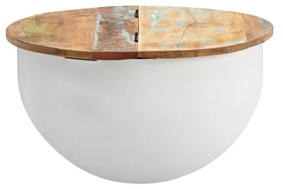 Couchtisch Mango Rund mit kugeligem weißem Metallgestell und runder Holzplatte in Vintage-Optik, Gesamtansicht.