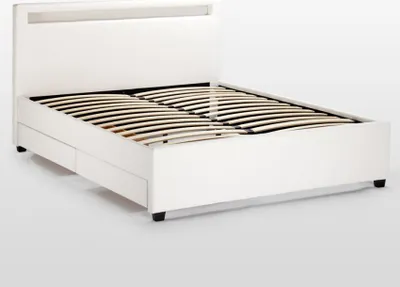 Produktbild von Doppelbett mit Lattenrost Led-Kopfende Schubladen Metall Holz 160x190 cm Geneva King - Weiß