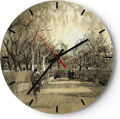 Produktbild von Wanduhr - Rund - Glasuhr - Park Spaziergang Baum - 40x40cm - Schleichendes Uhrwerk - Lautlos - zum Aufhängen bereit - Dekoration Modern - Wanddekoration aus Glas - C3AR40x40-3758