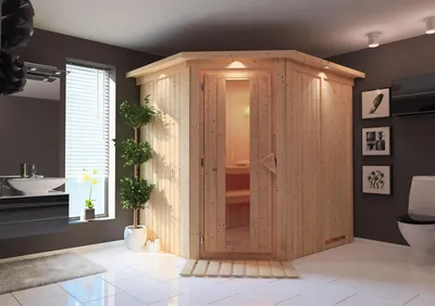 Image de Karibu Sauna Siirin 68mm couronne de toit + poêle9kW externe porte bois