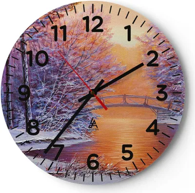Produktbild von Wanduhr - Rund - Glasuhr - Brücke Schnee Wald - 30x30cm - Schleichendes Uhrwerk - Lautlos - zum Aufhängen bereit - Dekoration Modern - Wanddekoration aus Glas - C4AR30x30-4545