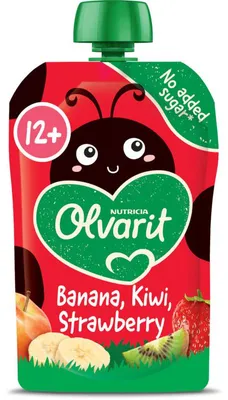 Obrázok produktu pre Olvarit Knijpfruit Banán Kiwi Jahoda 12M+ 100g – snack z prírodného ovocného pyré