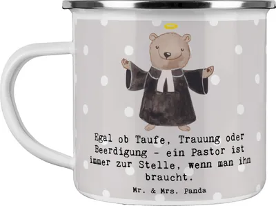 Produktbild von Mr. & Mrs. Panda Teetasse Pastor Begleiter - Grau Pastell - Geschenk, Geistlichkeit, Berufe, Emaille Becher, Seelsorge, Pott, Campingbecher, Beruf, Geschenke mit Herz