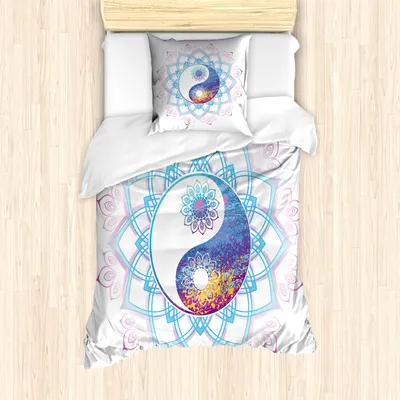 Produktbild von ABAKUHAUS Ethnisch Mantele, Yin Yang Strudel, Milbensicher Allergiker geeignet mit Kissenbezügen, 135 cm x 200 cm - 80 x 80 cm, Lila und Hellblau