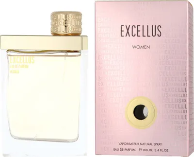 A bottle of Armaf Excellus Eau de Parfum for Women and its packaging are displayed against a white background.