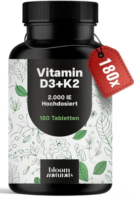 Produktbild von Bloom Naturals Vitamin D3 K2 hochdosiert 180 Tabletten 2000 IE