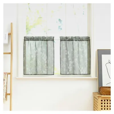 Produktbild von Fenstergardinen 2er Set B 60 x H 45 cm Kurzscheibengardinen Leinenoptik Salbeigrün Transparent Küchengardinen mit Stangedurchzug und Weißem Blattmuster