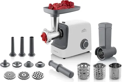 A meat grinder and its accessories are displayed on a white background.