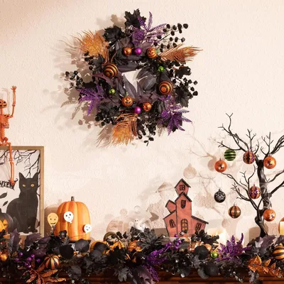 Obrázek produktu pro Vánoční věnec na Halloween, průměr 46 cm, s LED osvětlením a časovačem, s robustními ozdobnými kuličkami, vhodný jako dekorace na dveře nebo na zeď
