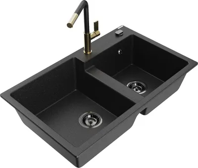 Produktbild von Mexen Tomas 2-Becken-Granitspüle mit Mischbatterie Flora, Schwarz/Silbermetallic - 6516-73-670401-57-B