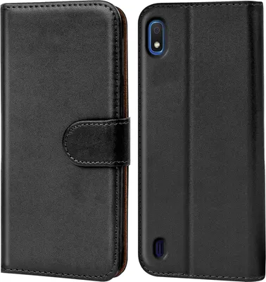 A black flip case for a smartphone, shown from the front and back.
