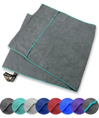 Produktbild von PEAQUE Fitness-Handtuch Umschlag Mikrofaser, Grau/Türkiser Rand, 120x50cm