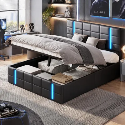 Produktbild von INONEFT Hydraulisches Polsterbett 160x200 cm mit LED Beleuchtung, Doppelbett Jugendbett mit USB Anschlüsse, Bettgestell mit Lattenrost, PolyurethanSchwarz