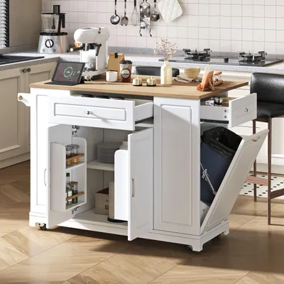 Produktbild von Fortuna Lai Kücheninsel mit Rollen, Ausziehbarer Essbereich Kücheninsel mit Multifunktionsschubladen und Abfallbehälterfach, Mobile Kücheninsel Ideal für Küche und Esszimmer (Weiß)
