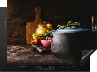 Produktbild von KitchenYeah© Herdabdeckplatte Rustikal - Stilleben - Pfanne - Gemüse , 71x52cm, Küche Deko, Glaskeramikkochfeld Herdabdeckung, Abdeckplatte fùr Kochfeld