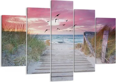 Produktbild von Bild auf Leinwand - Leinwandbild - 5 Teile - Strand Sand Vögel - 150x100cm - Wand Bild - Wanddeko - Wandbilder - Leinwanddruck - Bilder - Wanddekoration - Leinwand bilder - Wandbild - EA150x100-4994