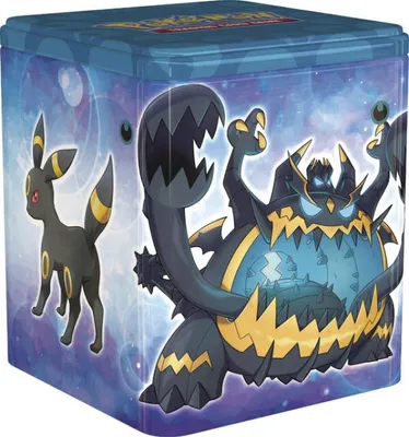 A Pokemon trading card game tin featuring two Pokemon characters.