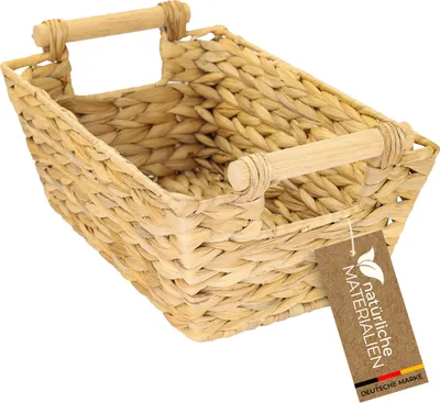 Produktbild von HMF Aufbewahrungskorb geflochten aus Wasserhyazinthe, dekorativer Korb mit Holzgriffen zur Aufbewahrung für Badezimmer, Wohnzimmer, Küche, 30 x 20 x 12 cm, Natur