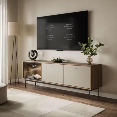 A modern living room with a TV stand and a large TV mounted on the wall.