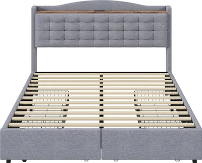 Produktbild von Flieks Polsterbett 140x200cm mit USB, Doppelbett Stauraumbett mit 4 Schubladen, Jugendbett mit Lattenrost, Funktionsbett Holzbett, Leinen, Grau