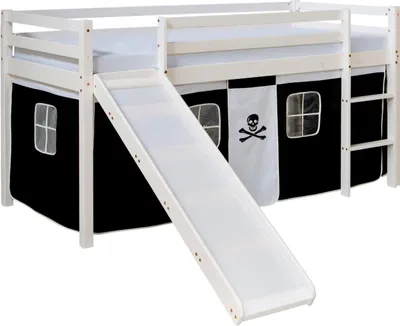 Image de Lits superposé 90x200 cm avec Toboggan Sommier à lattes Lit mezzanine en Bois Pin Massif Rideau Pirate Noir