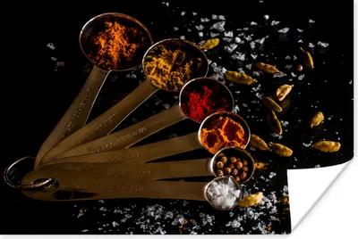 Produktbild von MuchoWow® Poster Gewürze - Löffel - Salz - Gewürze - Schwarz 120x80 cm - Bilder