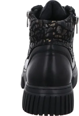 Rear view of a black leather boot.