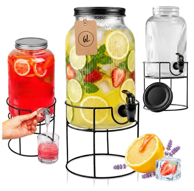 Zdjęcie produktu dla SUPERBUTELKI - Słój szklany na lemoniadę 6L ryflowany, dyspenser na wodę, soki, drinki z czerwonym kranikiem, zakrętką i stojakiem