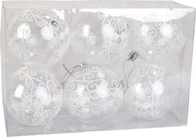 Produktbild von Set mit 6 bruchsicheren, transparenten Kugeln, verziert mit weißem Glitzer, 5 cm