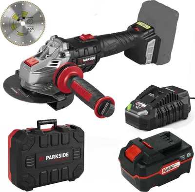 A collection of tools and accessories for a cordless angle grinder, including the grinder itself, a diamond cutting disc, a battery charger, a battery pack, and a carrying case.