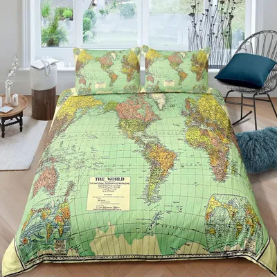 Zdjęcie produktu dla Komplet pościeli dla dzieci, mapa świata, 135x200 cm, 4-elementowy, mikrofibra 3D. Stara mapa jako poszewka na kołdrę, wraz z dwiema poszewkami na poduszki 80x80 cm