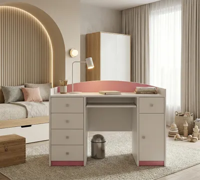 Immagine prodotto di Scrivania per computer Happy Babies con vassoio per tastiera, scrivania per ufficio con vassoio per tastiera, 5 cassetti, 1 ripiano, 125x89x60, motivi, adesivi a scelta, bambini