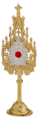 Mini-Reliquiar Messing vergoldet, 22,5 cm, Fuß 5x4 cm, Kreuz