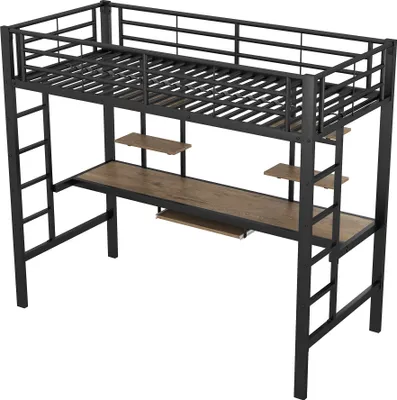 Obrázek produktu pro Patrová postel AIORBER, 90×200 cm, se schody a psacím stolem, dvě police na knihy, stabilní a odolná, patrová postel, do ložnic, ubytoven, černá