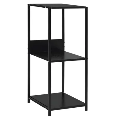 A black, three-tiered shelf unit against a white background.