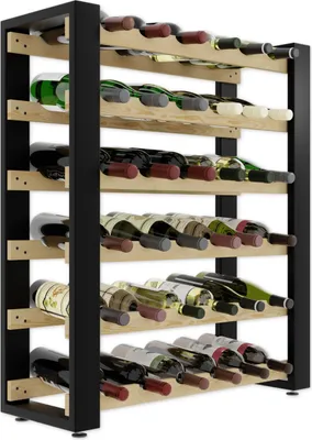 A multi-tiered wooden wine rack filled with various bottles of wine.