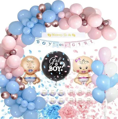 Image de Kit de décoration « Baby Reveal » rose et bleu - Décoration de fête pour garçon ou fille - Décoration pour baby shower et annonce de naissance avec des confettis