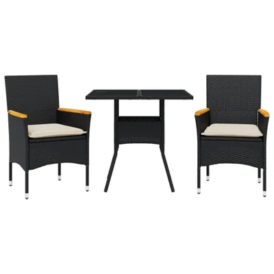 Produktbild von vidaXL 3-tlg. Garten-Essgruppe mit Kissen Schwarz Poly Rattan Glas