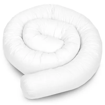 A white, coiled bed snake for a baby's crib.