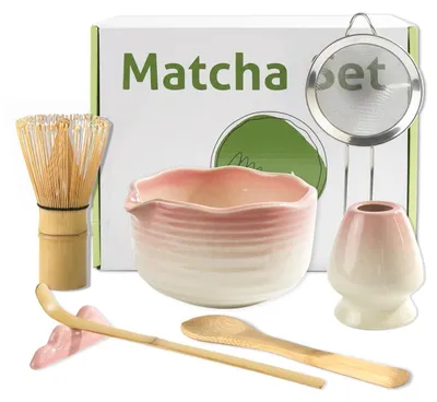 Immagine prodotto di Set da tè Matcha rosa, composto da 7 pezzi, con frustino in bambù e ciotola | Set da tè giapponese con colino, supporto, setaccio, cucchiaino