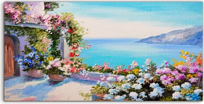 Produktbild von Coloray Acrylbild 100x50  Wandbild Acrylbilder Blumig Malerei Haus Blume Berg Wasser