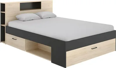 Produktbild von Bett mit Kopfteil, Kommoden und Schubladen - 140x190 cm - Farbe: Natur und Anthrazit - LEANDRE