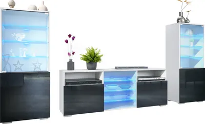 Produktbild von Vladon Wohnwand Granada, Anbauwand bestehend aus 2 Vitrinen und 1 TV-Board, Weiß matt/Schwarz Hochglanz inkl. LED-Beleuchtung (286 x 122,5 x 35 cm)
