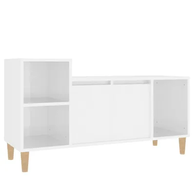 A white TV stand with multiple compartments and wooden legs, shown against a white background.