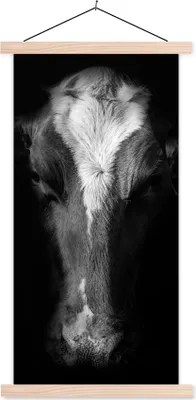 Produktbild von MuchoWow® Textilposter Kuh - Tiere - Schwarz 60x120 cm mit holzfarbenen Rahmen - Holz