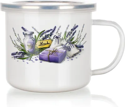 Produktbild von Emaillierter Becher mit Deckel, weiß, Lavendelmotiv 0,5 l