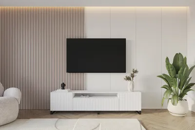Produktbild von ALTDECOR TV-Schrank KITO-S mit Gefrästen Fronten 200x53x41 Lowboard, TV Möbel, TV Cabinet, Fernsehtisch, Fernseher Schrank, TV Kommode, TV Tisch, TV Sideboard, TV Board - Weiß