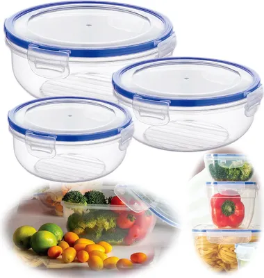 A collage of clear plastic food storage containers with blue lids, some filled with food items like broccoli, tomatoes, peppers, and pasta.